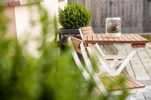 a wooden table and chair with a plant on it at ABC apartments in Kamnik