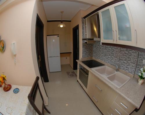 uma pequena cozinha com um lavatório e um frigorífico em Erti's Apartments em Saranda