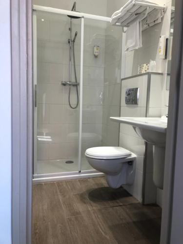 La salle de bains est pourvue d'une douche, de toilettes et d'un lavabo. dans l'établissement Hotel U Campanile, à Vivario