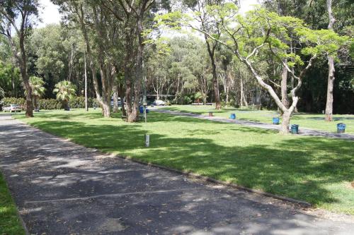 a path in a park with trees and grass at Sapphire Beach Holiday Park in Coffs Harbour