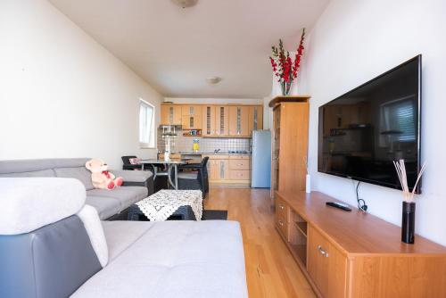 un soggiorno con una grande TV a schermo piatto di Apartman Barbara a Makarska