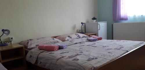 una camera da letto con un letto con cuscini sopra di Guesthouse Milka a Poljanak