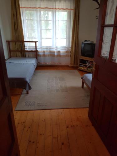 a bedroom with a bed and a window and a television at Folyóka Vendégház in Egyházasgerge