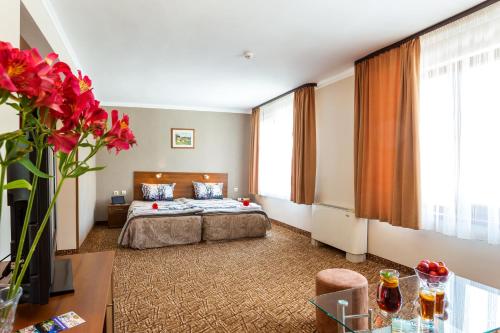 a bedroom with a bed and a large window at Family Hotel Romantika in Velingrad