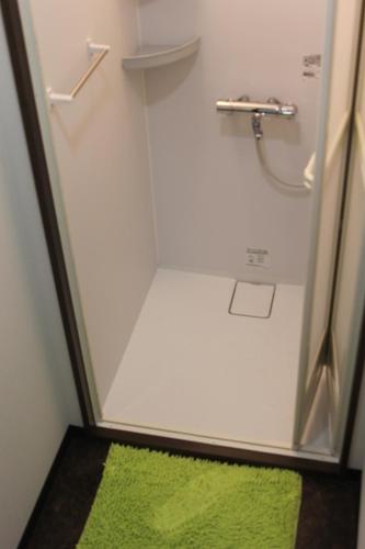 a small bathroom with a shower with a green rug at Shaq Bighouse in Kanazawa