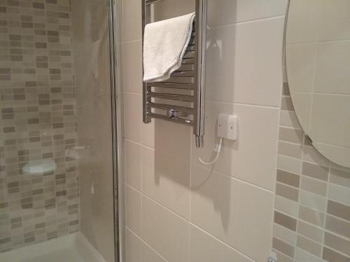 uma casa de banho com um chuveiro e uma toalha num toalheiro em The Prince Consort em Southampton