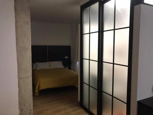 a bedroom with a bed and a glass wall at Hotel Trefacio in Zamora