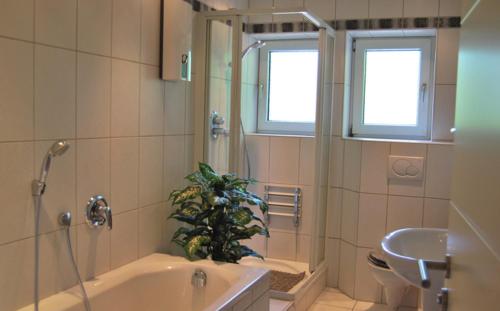 a bathroom with a tub and a plant in the shower at Ferienappartement Pirmasens in Pirmasens