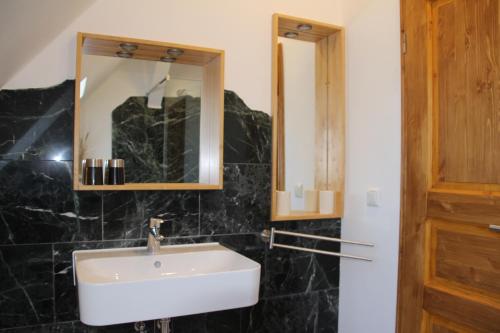 a bathroom with a sink and a mirror at Meine Fischerhütte in Börgerende-Rethwisch