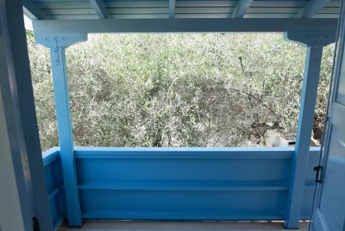 a window in a blue room with a bush outside at Afroditi Pansion in Agios Nikitas