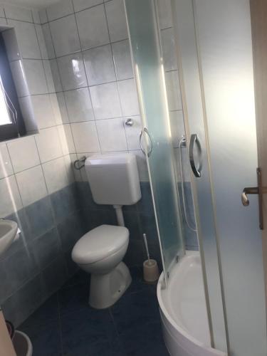 a small bathroom with a toilet and a shower at Apartman Veronika in Starigrad-Paklenica