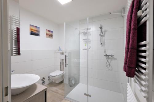 een badkamer met een douche, een toilet en een wastafel bij Ferienwohnung Seenah in Gunzenhausen