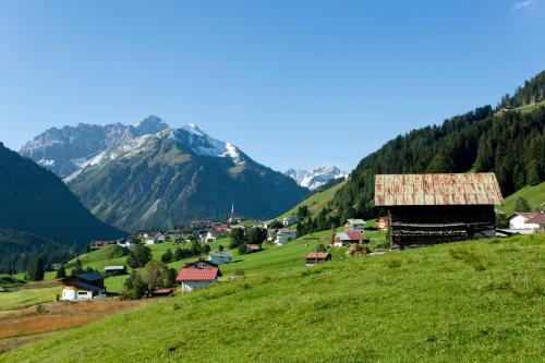 a small village on a hill with mountains in the background at Haller's Geniesserhotel in Mittelberg