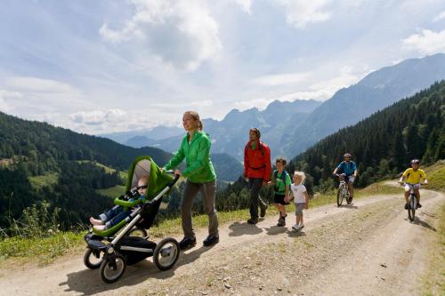 a group of people on a dirt road with a stroller at Gasthaus-Landhotel Traunstein in Abtenau