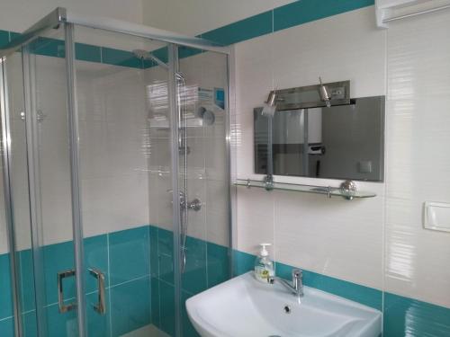 y baño con ducha acristalada y lavamanos. en Apartmán HANA Pražského 523 , Česká Třebová, en Česká Třebová