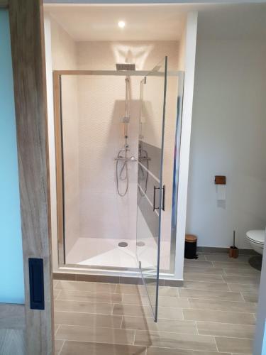 La salle de bains est pourvue d'une douche avec une porte en verre. dans l'établissement Gîtes des Rigoles, à Le Faulq