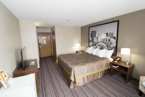 a hotel room with a bed and a picture on the wall at Super 8 by Wyndham Chicago O'Hare Airport in Elk Grove Village