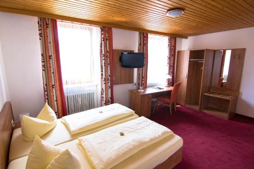 um quarto de hotel com uma cama e uma televisão em Ratsstube Pegnitz em Pegnitz