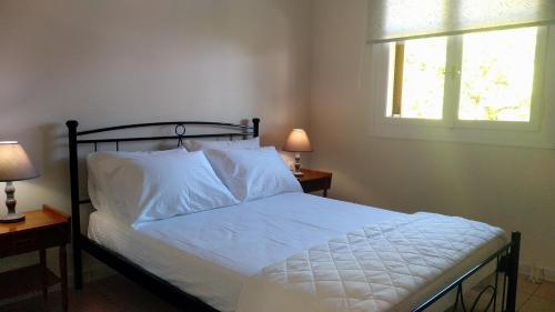 1 dormitorio con 1 cama con sábanas blancas y ventana en Green Hill House en Alykes
