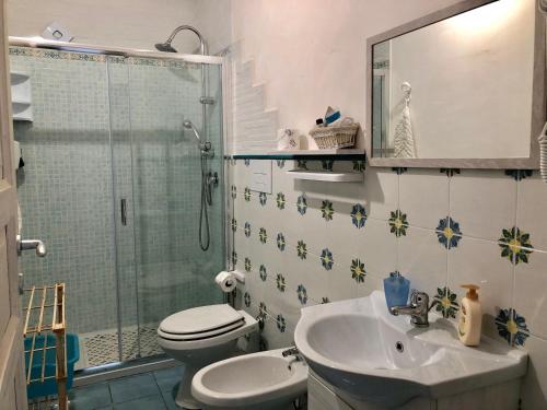 a bathroom with a shower and a toilet and a sink at La Casa del Limoneto in Favignana