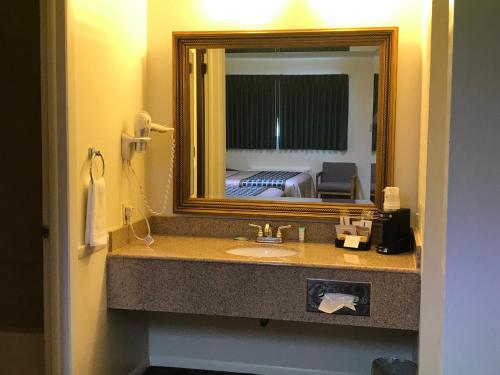 een badkamer met een wastafel, een spiegel en een bed bij Canyonlands Motor Inn in Monticello