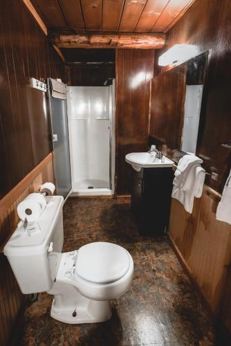 a bathroom with a toilet and a sink and a shower at Gateway Inn & Cabins in Ashford
