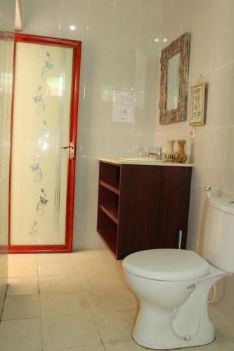 a bathroom with a toilet and a sink and a mirror at Villa Viking in Jimbaran