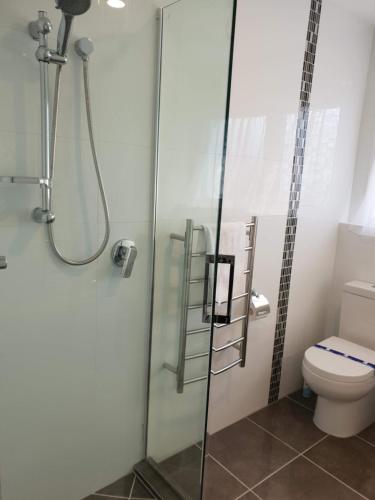 a bathroom with a shower and a toilet at Rose Apartments Unit 5 Central Rotorua- Accommodation & Spa in Rotorua