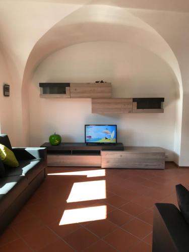 a living room with a couch and a television at Mirtillhouse in Andalo