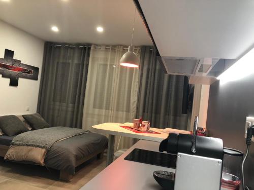 um quarto com uma cama, uma mesa e uma mesa; em Djokovic's Apartment em Colmar