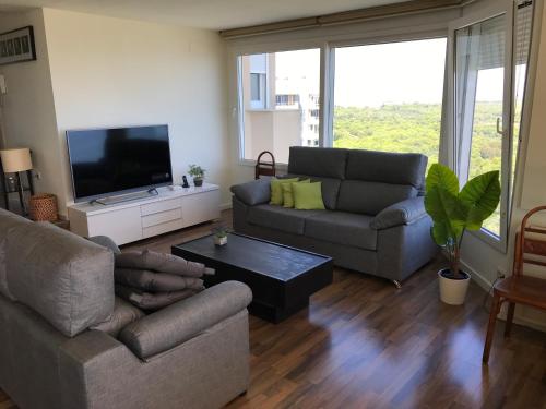 a living room with a couch and a tv at Gran Apartamento, un lujo en playa El Saler - Valencia in El Saler