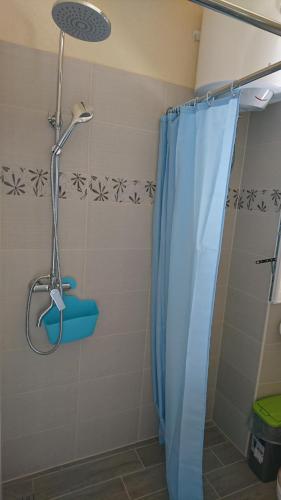 a shower with a blue shower curtain in a bathroom at Apartments Kokotic in Bol