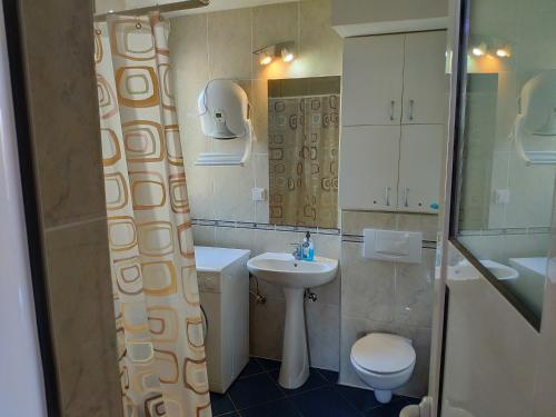 een badkamer met een wastafel, een toilet en een douchegordijn bij Apartman La Siesta in Bar