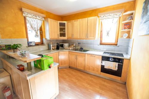 uma cozinha com armários de madeira e um forno com placa de fogão em Holiday Home Blue Sky em Globocice