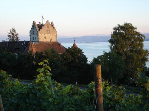 ein Schloss auf einem Hügel mit Wasser in der Unterkunft Ferienwohnung im Herzen der Altstadt in Meersburg