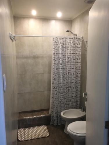 Un baño con cortina de ducha y un inodoro. en Altos de Ayelen, en Esquel