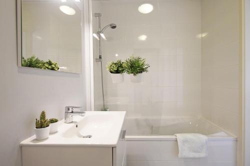 uma casa de banho com um lavatório e uma banheira com vasos de plantas em Evancy Villa les Margats em Bray-Dunes