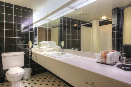 a bathroom with a sink and a toilet and a mirror at Toftrees Golf Resort in State College