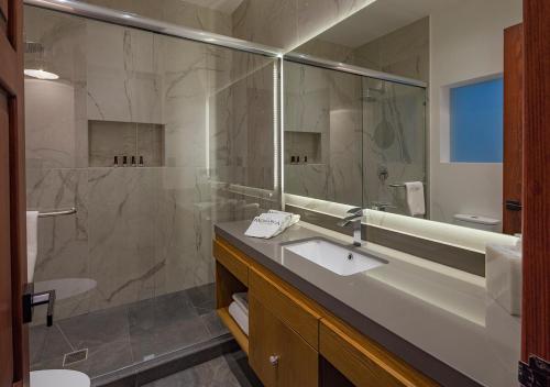 a bathroom with a sink and a shower at Hotel Casa Monarca in Puebla