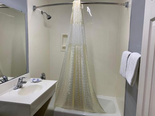 Baño con cortina de ducha junto a un lavabo en Texas Inn McAllen Airport, en McAllen