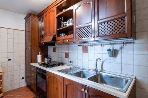 eine Küche mit Holzschränken und einer Spüle aus Edelstahl in der Unterkunft Mons Aureus Resort in Rom