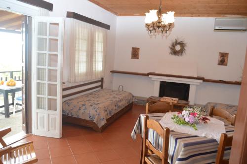 a bedroom with a bed and a table and a fireplace at Triantafyllia's House in Agios Ioannis Pelio