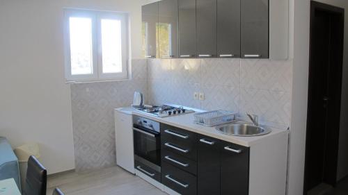 a kitchen with a sink and a stove at GUESTHOUSE RUZA SOBRA apartments in the attic of the house in Sobra