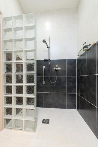 a bathroom with a shower with glass doors at Canaston Oaks in Narberth