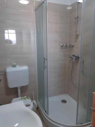 bagno con doccia e servizi igienici bianchi di Apartma Vesna a Capodistria