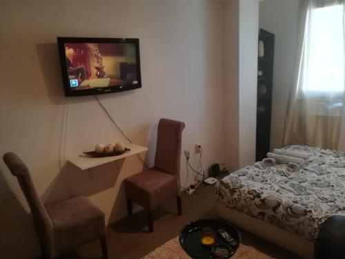 斯科普里的住宿－New York Apartment，卧室配有一张床,墙上配有电视。