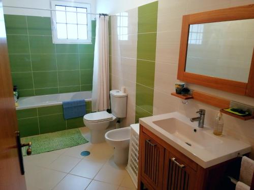 a green bathroom with a toilet and a sink at Casa do Vale in São Vicente