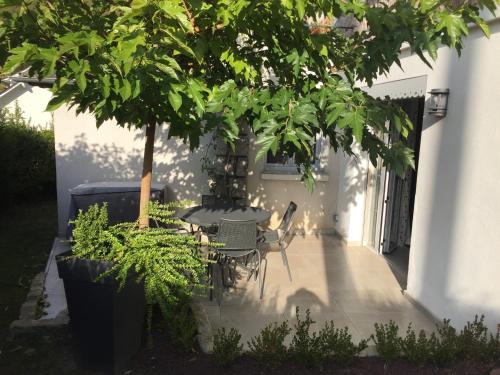 a patio with a table and chairs under a tree at Le Gite d'Emilie in Entraygues-sur-Truyère