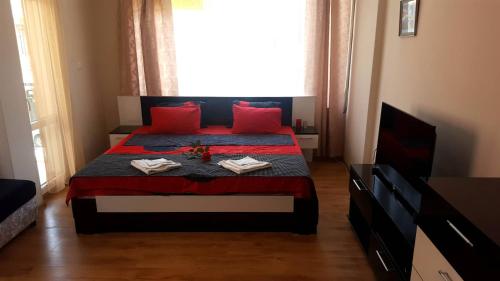 a bedroom with a bed with red pillows and a window at Family Hotel Solar Central in Sunny Beach