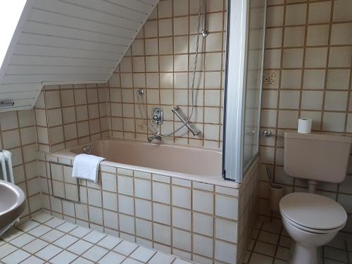 a bathroom with a tub and a toilet and a sink at Hotel Restaurant Klostermühle in Reutlingen